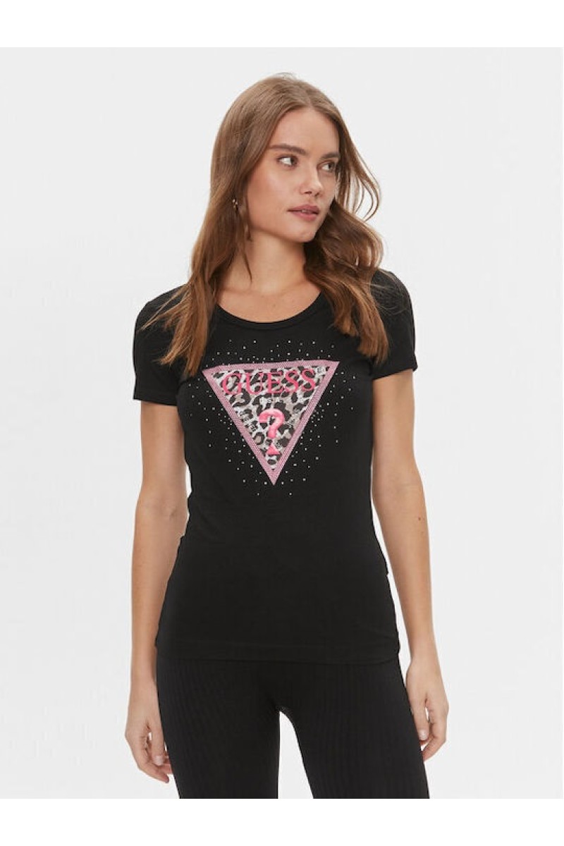 Guess Ελαστικό t-shirt με τριγωνικό λογότυπο και στρας Μαύρο