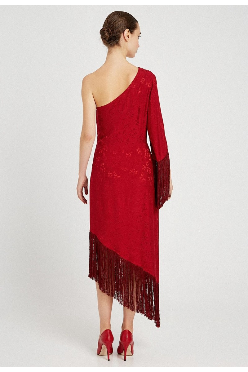 Ασύμμετρο φόρεμα με κρόσια Κόκκινο